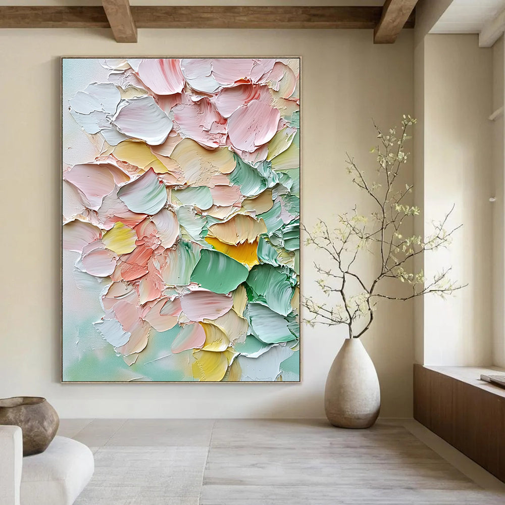 Abstract painting featuring a bouquet of pastel flowers in soft pink and green hues with vibrant accents for a warm romantic atmosphere.STSC1398