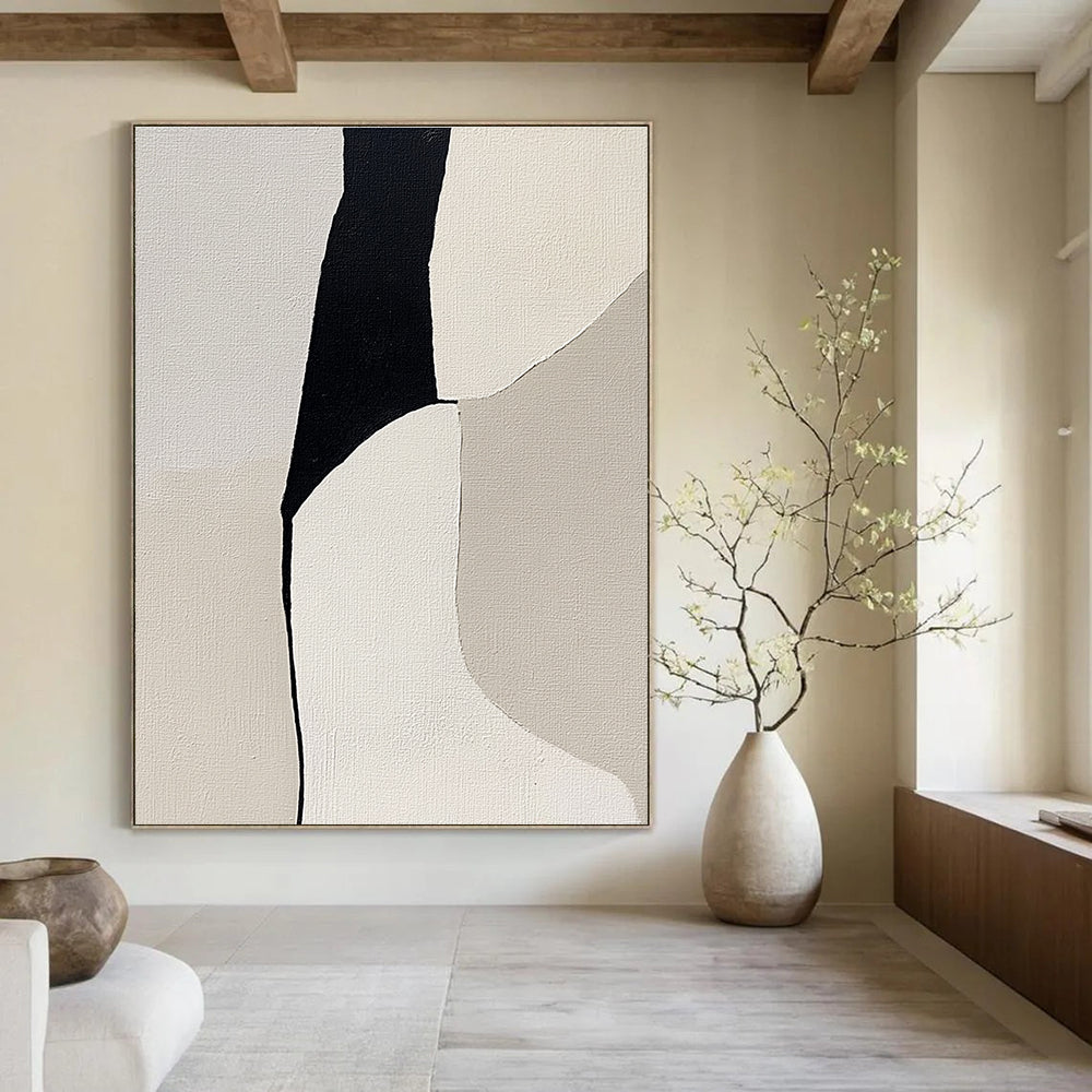 Abstract painting featuring a woman's form in shades of gray and beige on light gray canvas highlighting minimalism and depth through negative space.STSC792