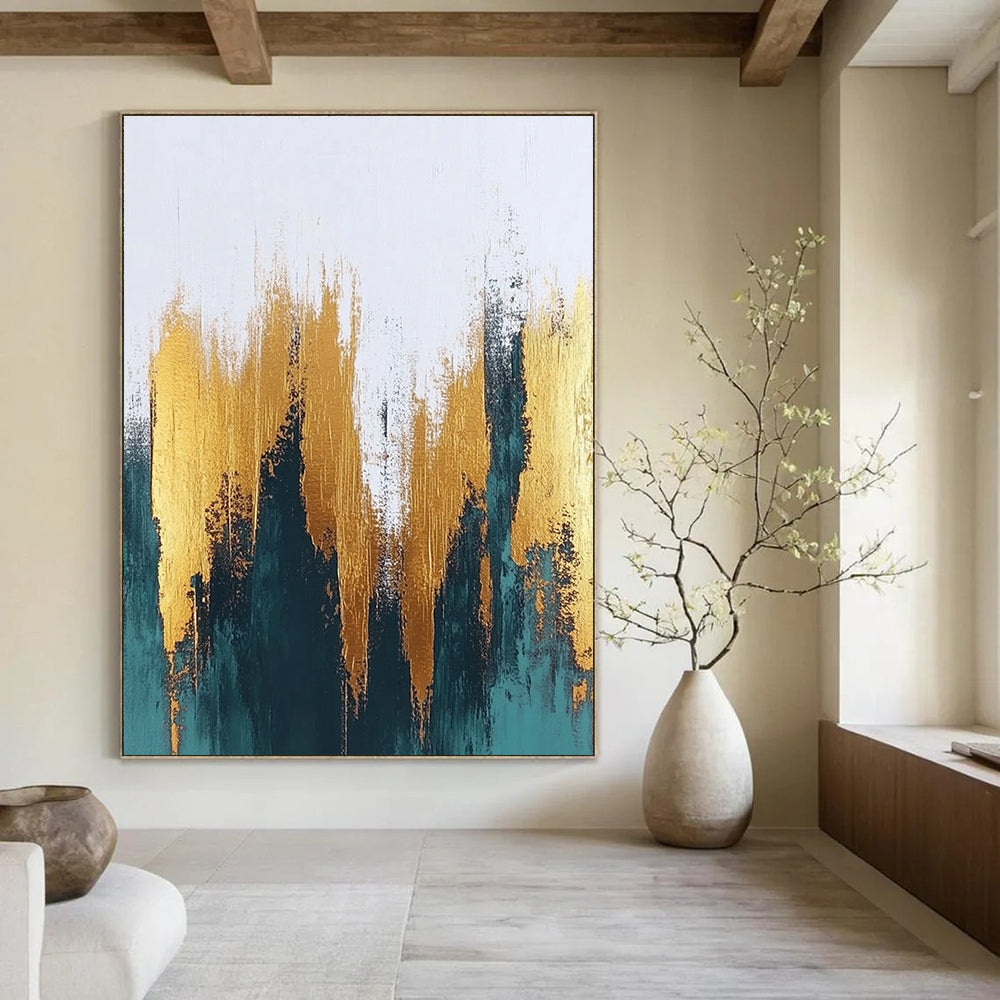 Large abstract painting featuring textured gold and teal brush strokes on a white background perfect for contemporary sophisticated decor.STSC062