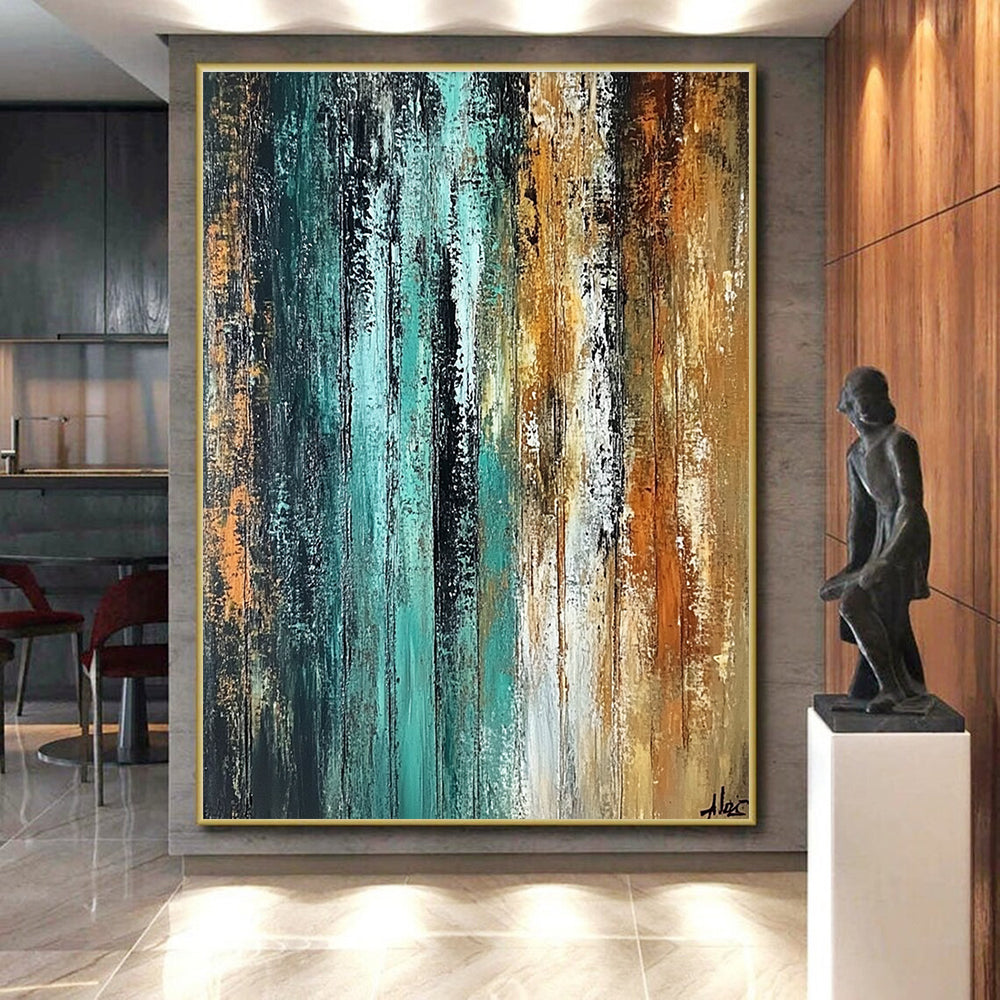 Teal and Brown Abstract Painting with Vertical Strokes GER485