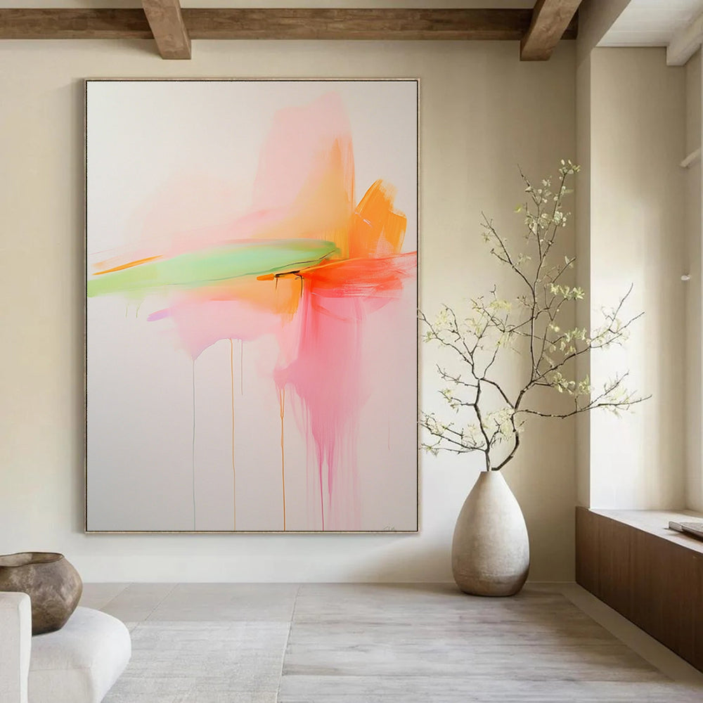 Large abstract painting with soft pink orange and green hues on a white background in minimalistic style inspired by Priscilla Creedman.STSC797