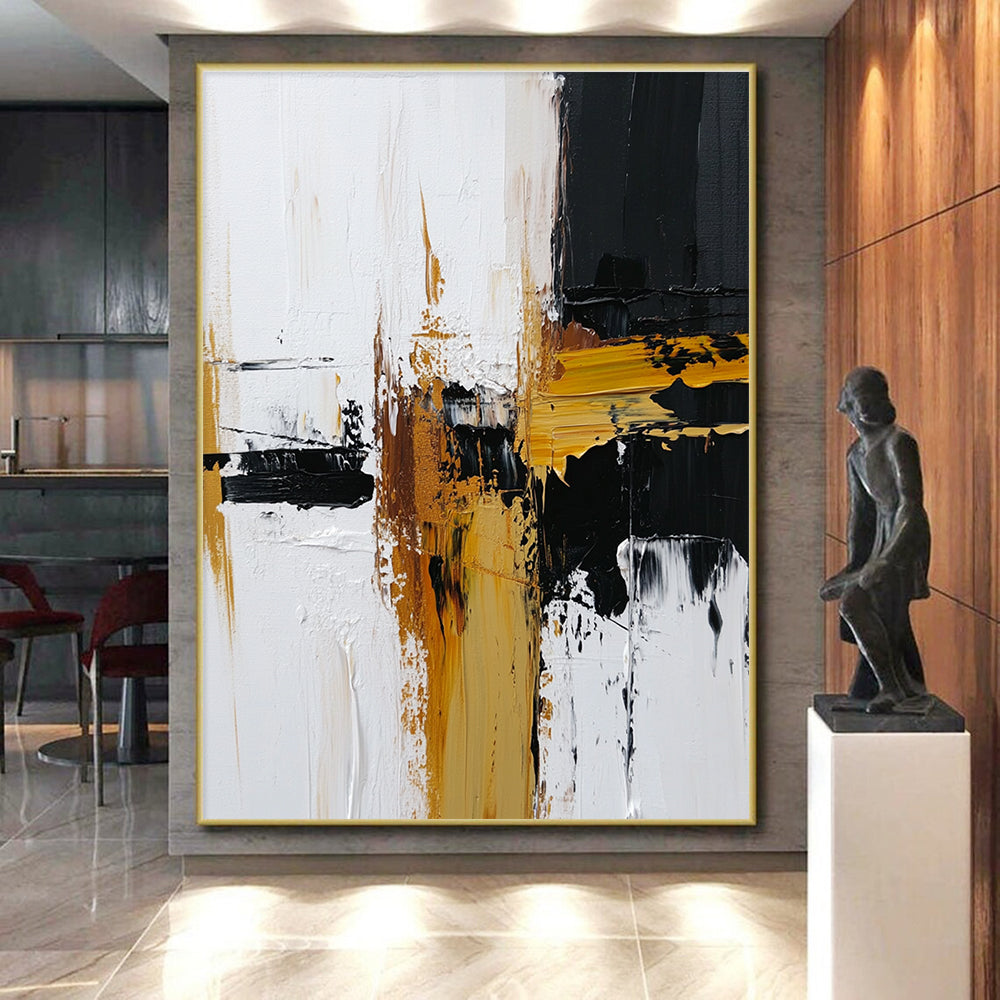 Black White and Gold Abstract Painting with Dynamic Strokes GER483