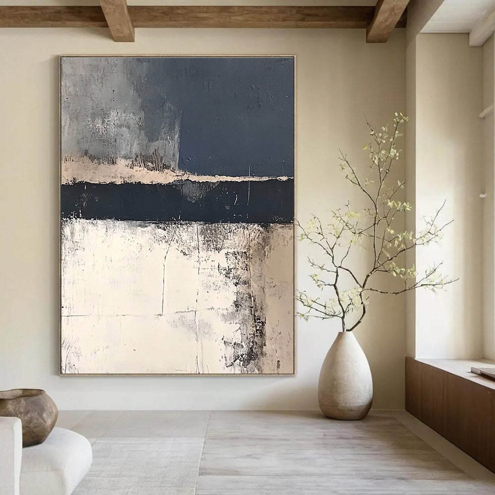 Large abstract painting in dark gray and navy blue with hints of white and beige depicting a distant old battle scene on the English coast.STSC217