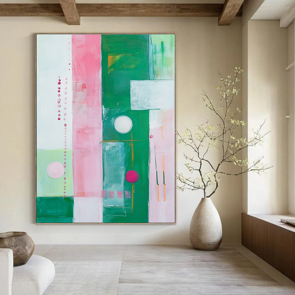 Large abstract painting featuring pink, green, and white stripes, circles, and squares inspired by Kathryn Statsny's style.STSC325