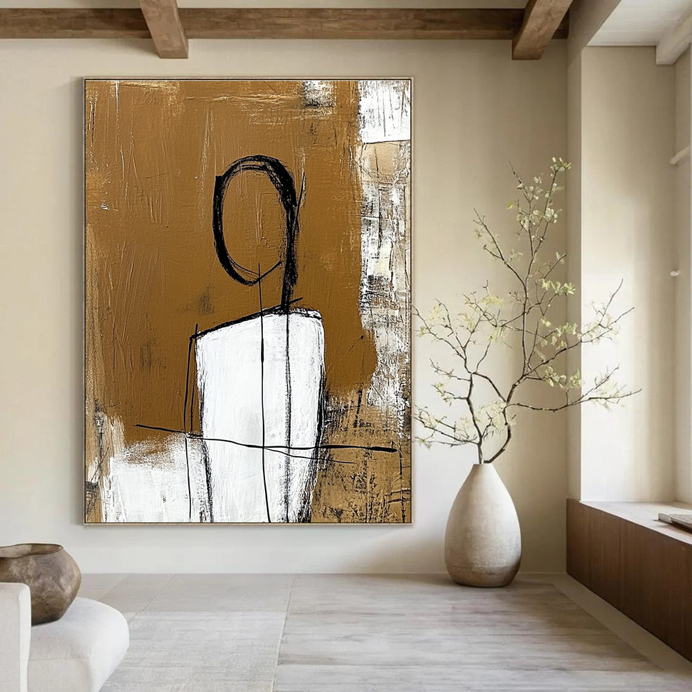 Large abstract painting with a white figure outlined in thick black lines set against an amber brown textured background.STSC050