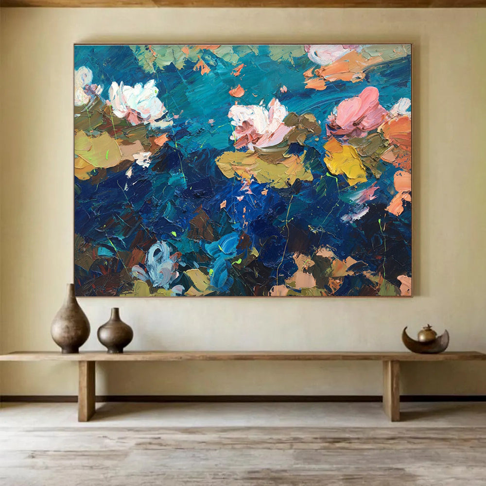 Blue Pink Water Lilies Abstract Painting THY482