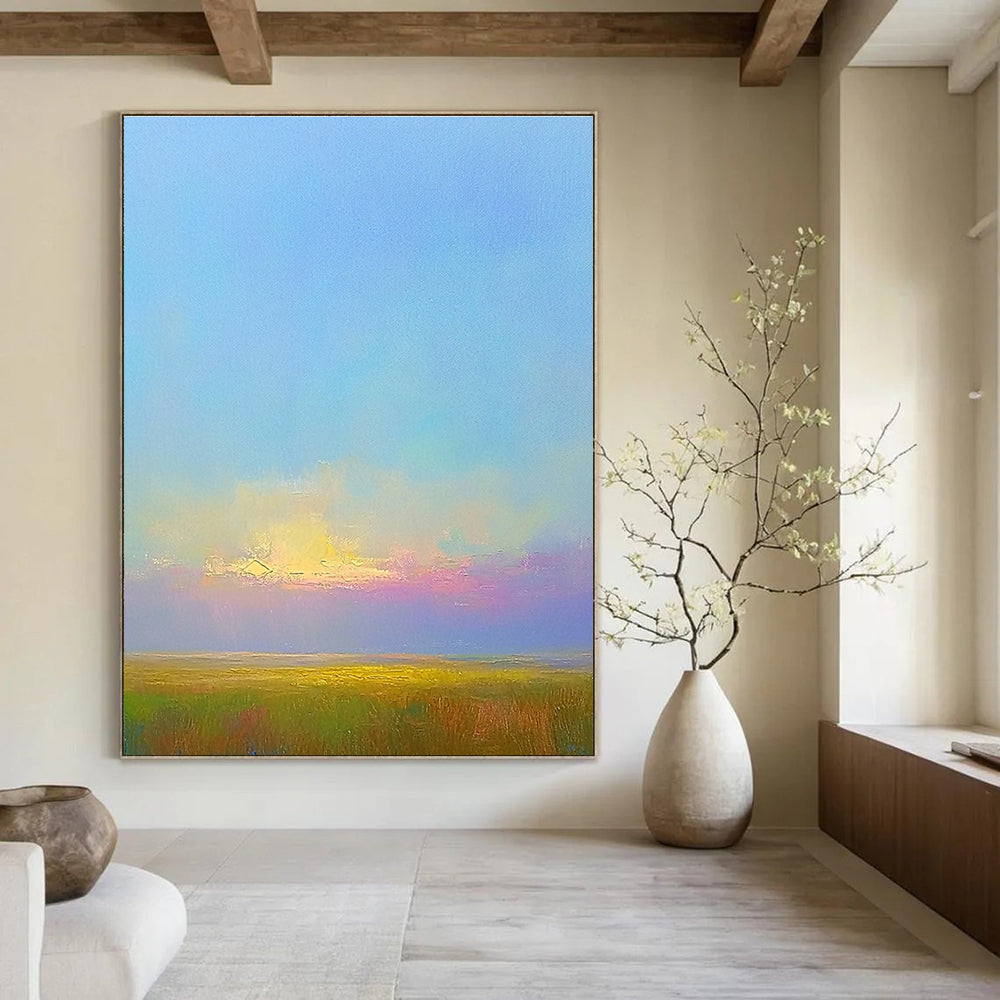 Large abstract painting featuring green fields under a soft blue sky with pink clouds highlighting Impressionist brushstrokes and serene natural beauty.STSC888