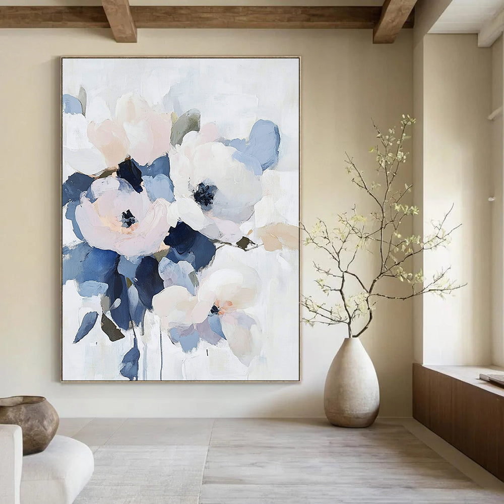 Large abstract floral painting featuring pale pastel flowers with navy and gray accents on a soft white background.STSC053