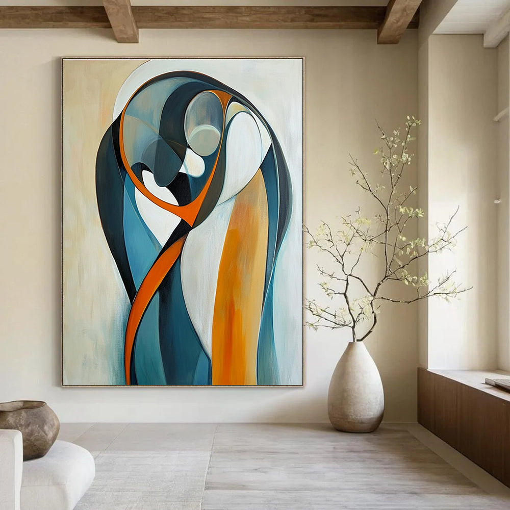 Large abstract painting of two figures embracing in curved lines and bold geometric shapes with a serene gradient background.STSC711
