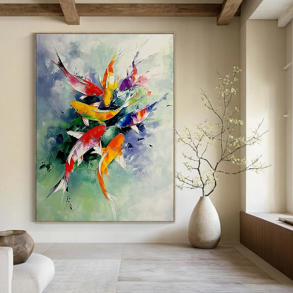 Abstract painting of colorful koi fish leaping from water surrounded by misty clouds on a white background with vibrant scales and light green tones.STSC1012