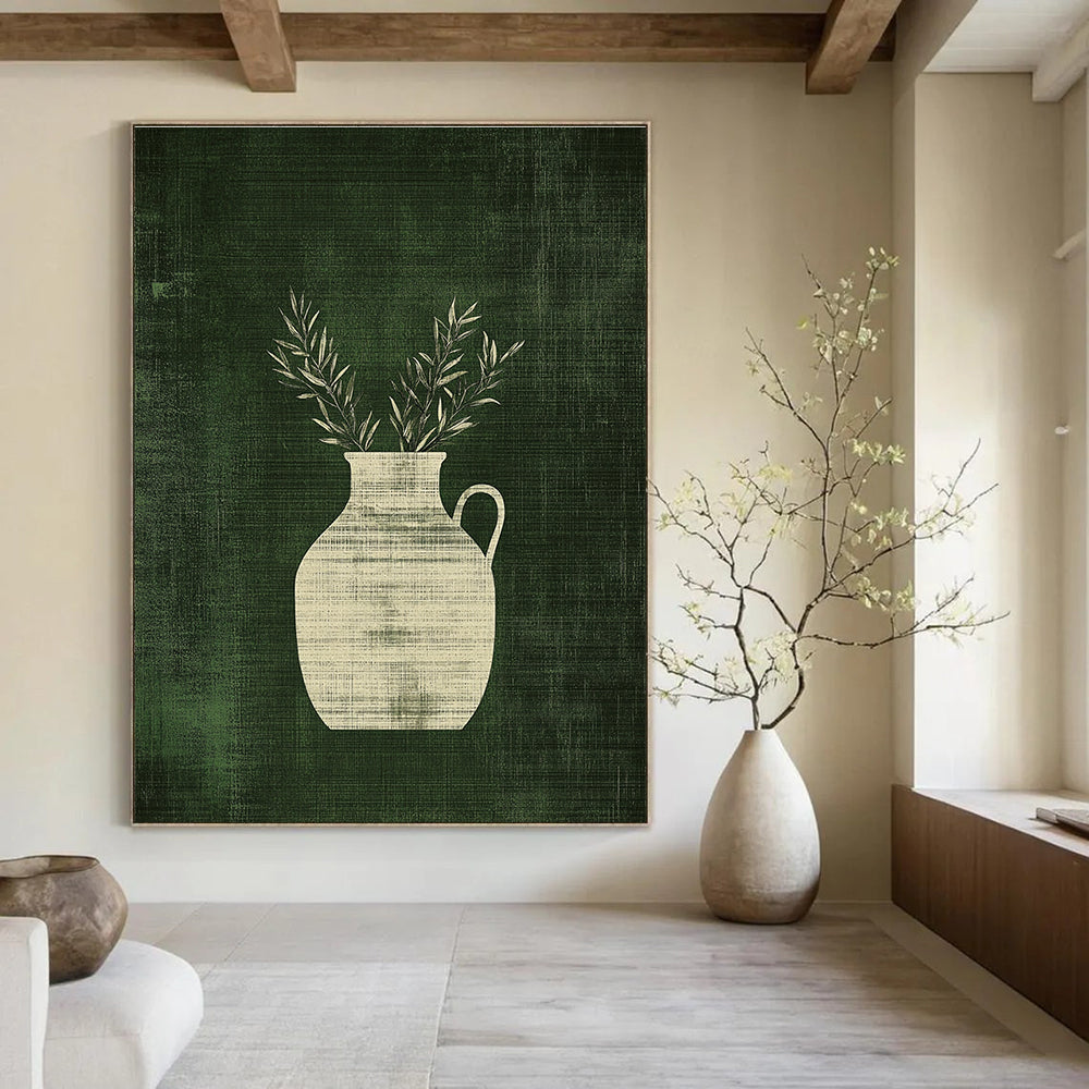Abstract art featuring a minimalist antique jar with handles and olive branches against a textured green background, adding elegance and depth.STSC1084