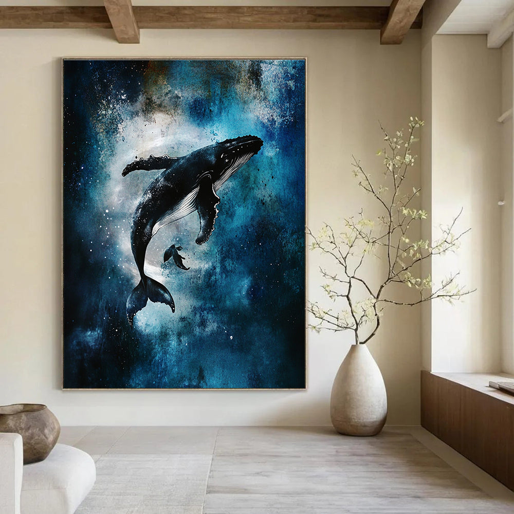 Abstract art featuring humpback whales, swirling vortices, glowing stars, and misty underwater scenes in a dark blue and white color palette.STSC1466