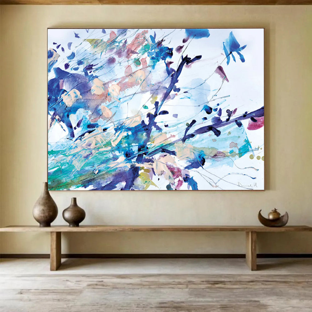Colorful Floral Abstract Painting with Blue and Purple Hues THY147