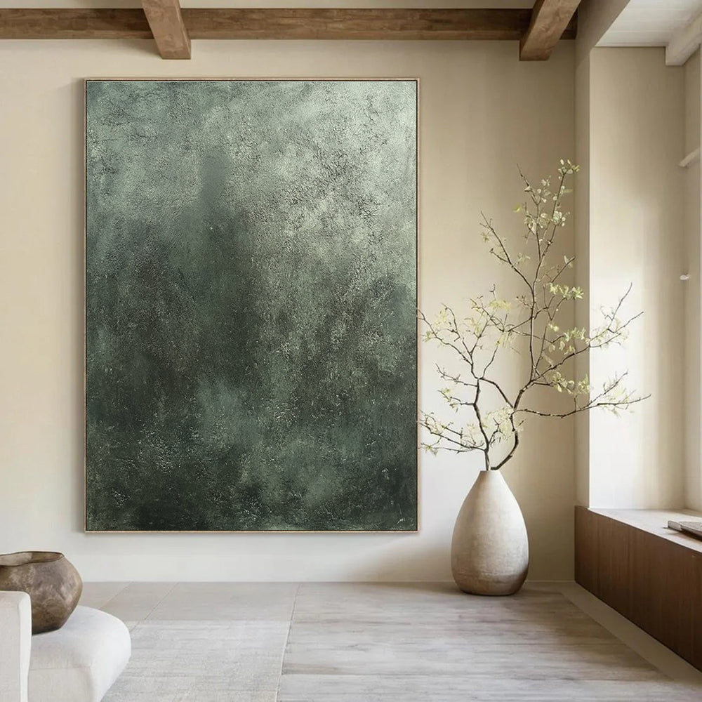 A large abstract painting featuring dark gray concrete texture with subtle greenish tones inspired by Beksiński and Frazetta's styles.STSC1290