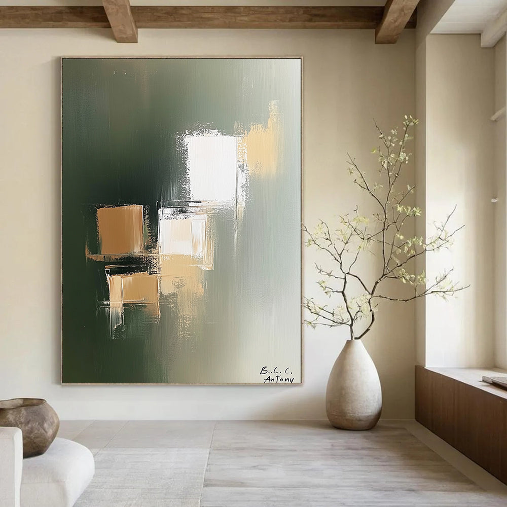 Large abstract painting featuring beige and white blocks on a soft green background with minimalist style by B.C. Antony.STSC212