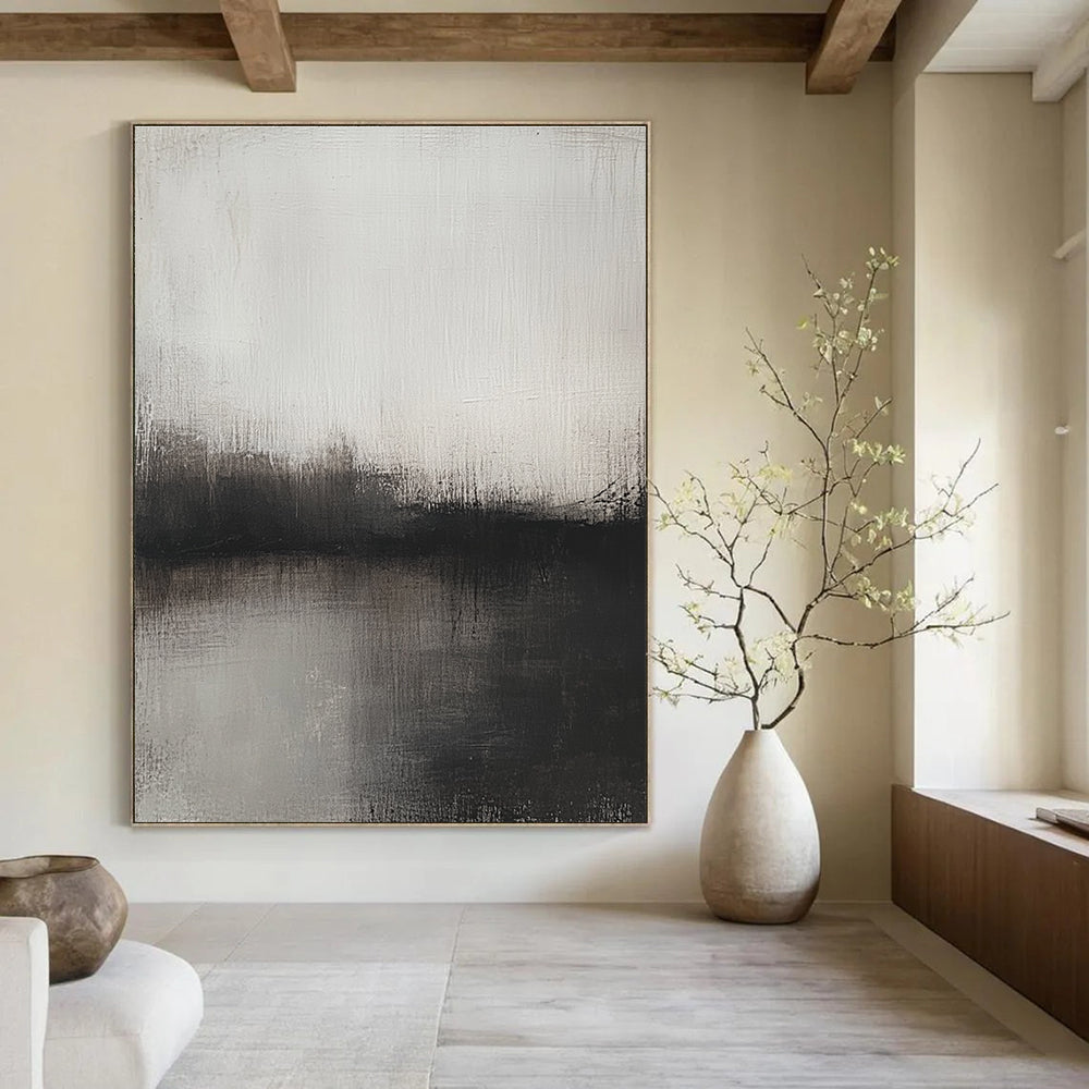 Big abstract painting featuring soft gray and brown tones depicting a blurred landscape at dusk evoking tranquility and serenity.STSC127