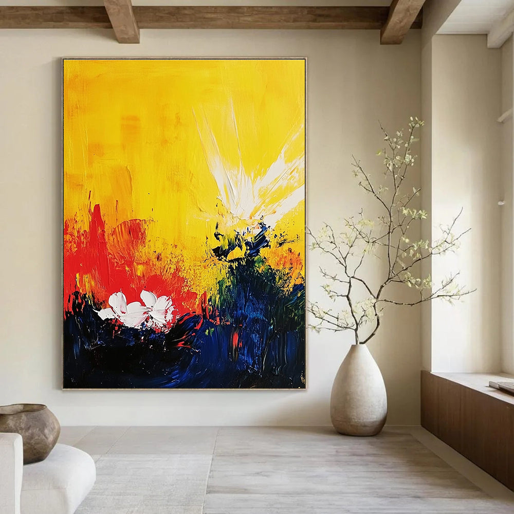 Abstract painting with a yellow background features red and blue splashes white flowers and bright sun rays in a dynamic acrylic composition.STSC407