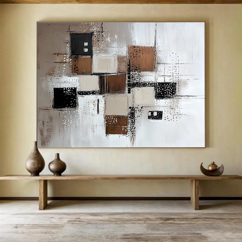 Large abstract painting featuring a white background with various brown and grey squares and neutral-toned lines and dots.SC213