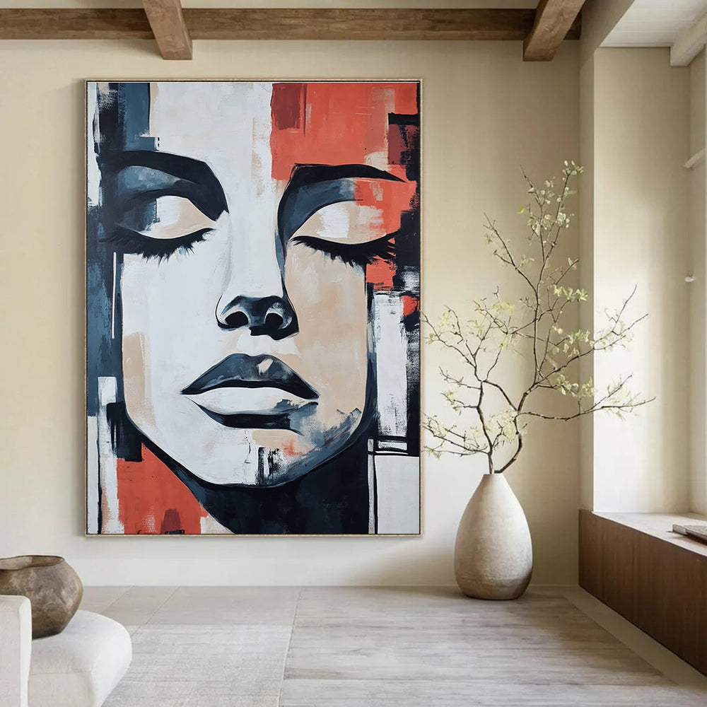 Large abstract painting featuring a masked face with closed eyes against urban shapes in gray beige black blue red and orange in oil on paper.STSC991