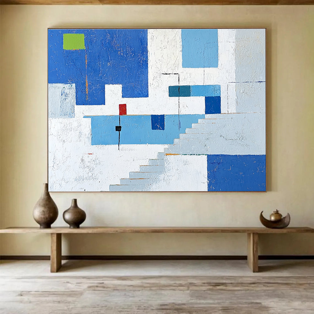 Blue and White Geometric Architectural Abstract Painting DYP081