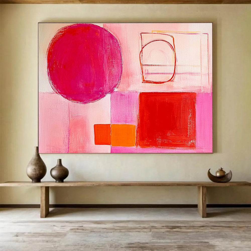 Pink - Toned Abstract Painting with Red and Orange Shapes DYP131