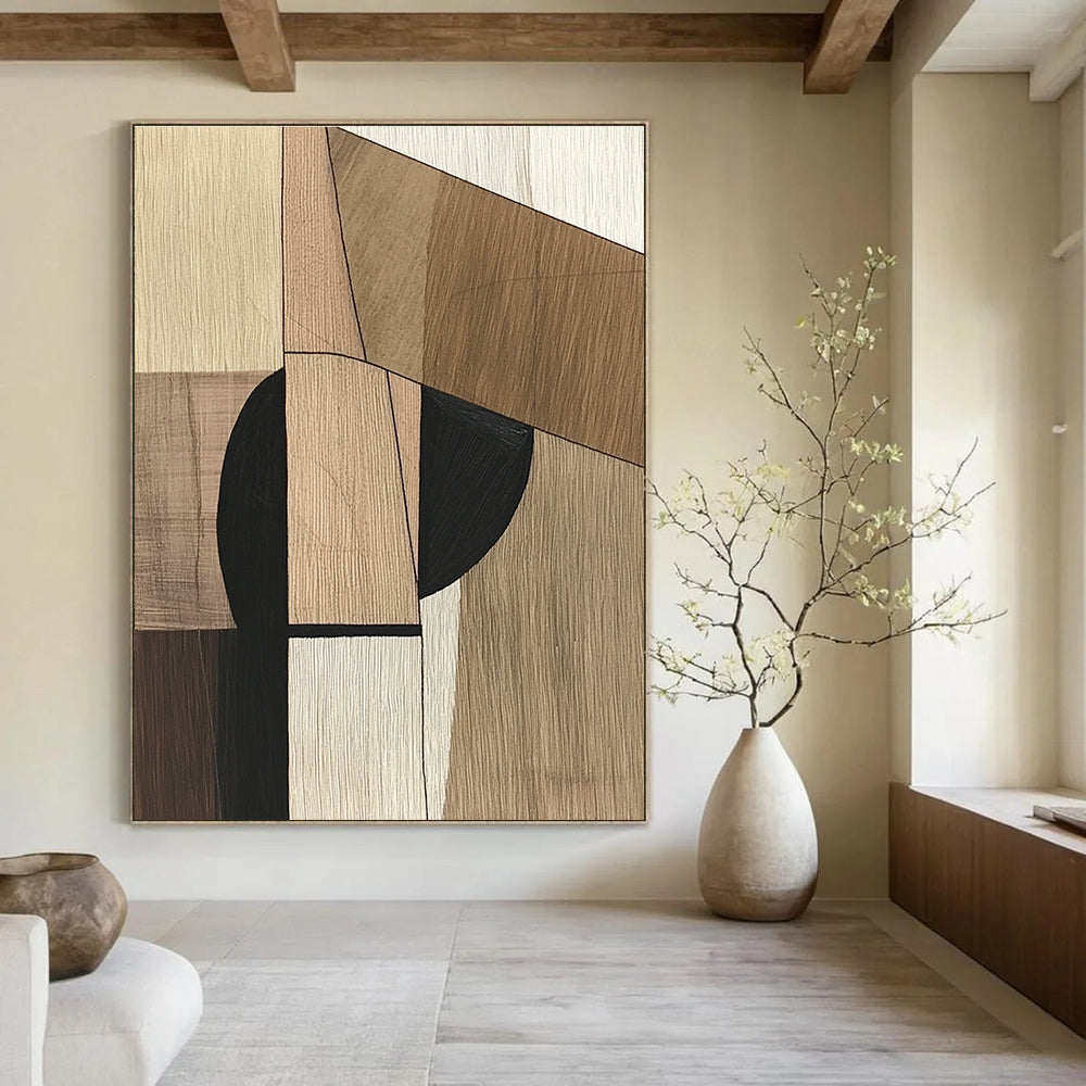 A large abstract painting in Picasso style with wooden textures and a vertical black line on a neutral wood background, symbolizing simplicity and modernity.STSC541