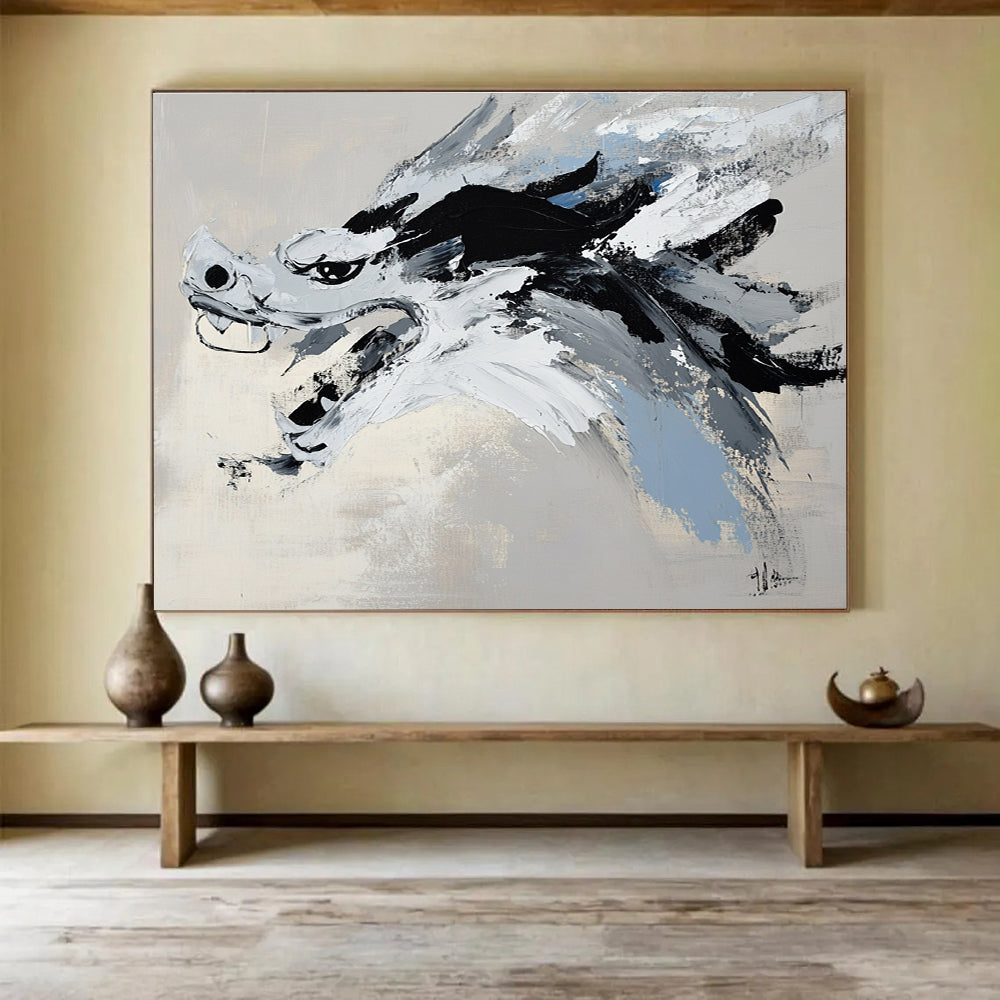 Abstract painting with black and white brushstrokes on light gray, featuring a close-up of a Chinese dragon head in Wu Guanzhong style.SC228