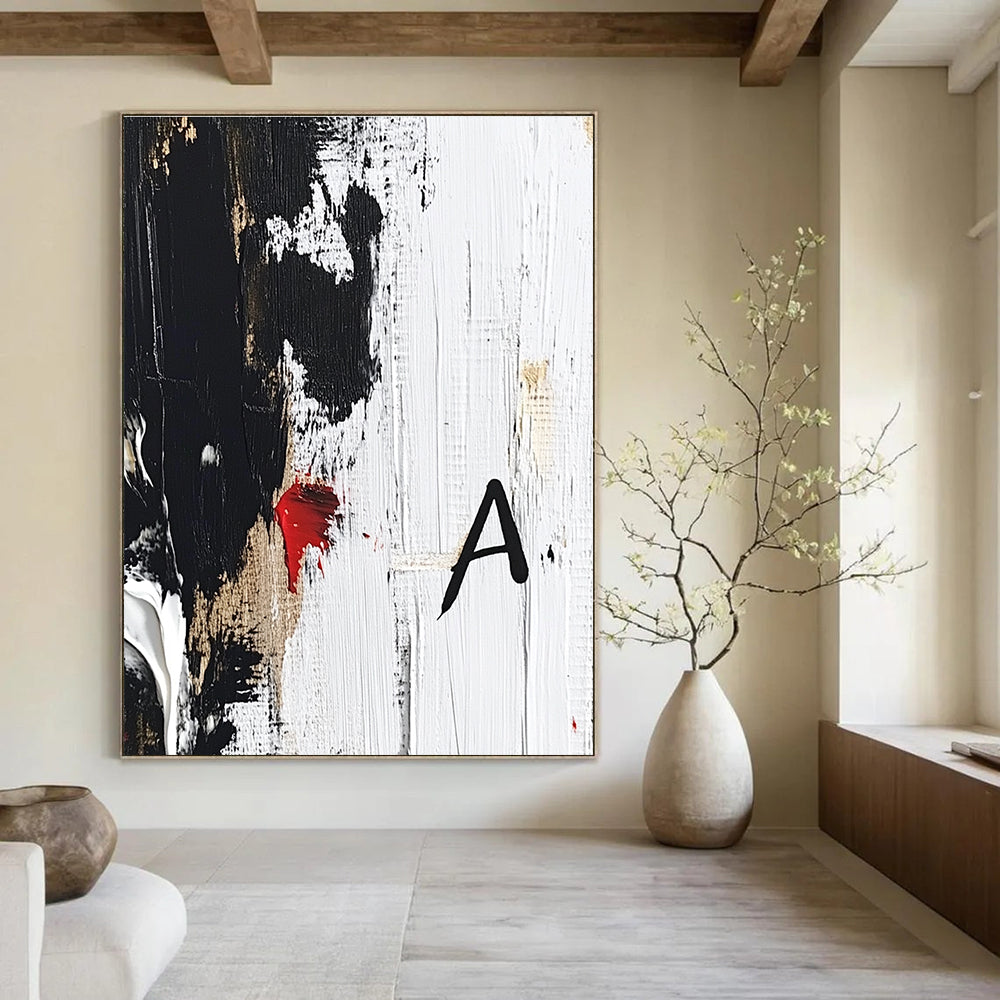 Large abstract painting in black and white with red accent showcasing thick brushstrokes and textures on a white background with signature A.STSC026