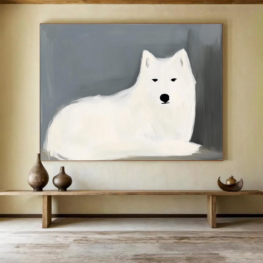 Abstract painting of a white wolf by Maud Lewis featuring simple lines and advanced color matching on a dark gray and light blue background.SC572
