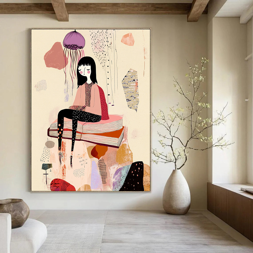 A large abstract artwork featuring a woman on a book amidst whimsical forms with pastel pink and purple hues set against a beige background.STSC1233