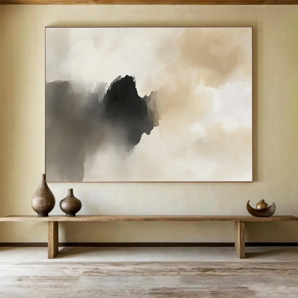 Large abstract painting featuring light gray and dark beige tones with atmospheric clouds soft edges and elegant mysterious emotions.SC222