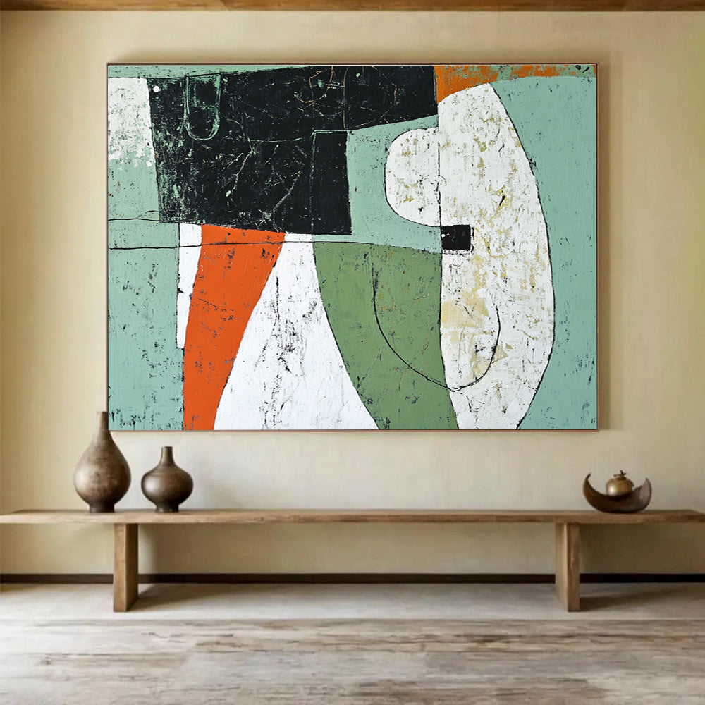 Geometric Forms Abstract Painting with Green Orange and White Tones DYP357