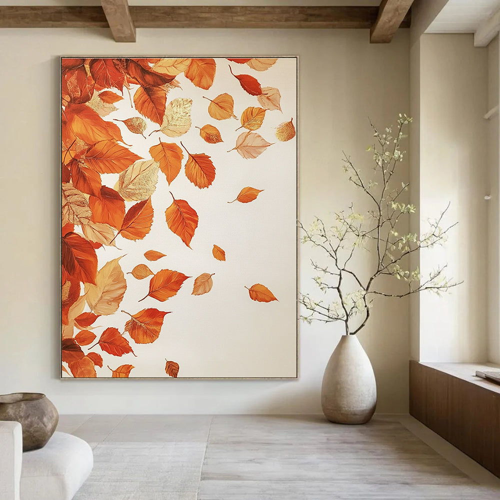 Large abstract painting of falling autumn leaves in Caravaggio style with gold leaf highlights on a white background.STSC1125