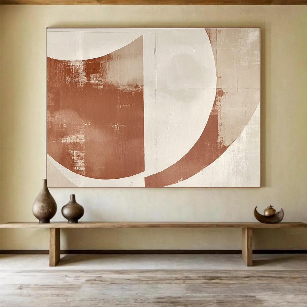 Large abstract painting with overlapping terracotta and cream half-circles on textured paper, modern simplicity with space for text.SC441