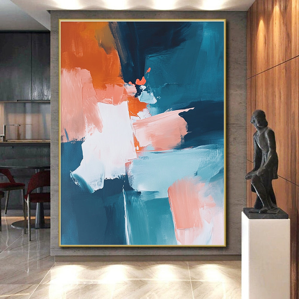 Blue Orange Abstract Painting with Dynamic Color Blocks GER790