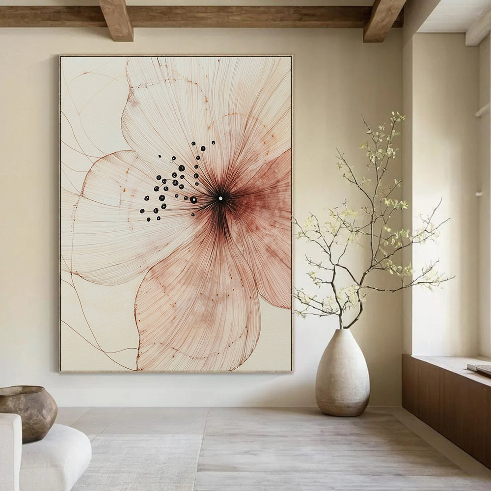 A large abstract painting showcasing delicate petals intricate patterns and subtle textures in light pink and dark brown against a beige background.STSC948