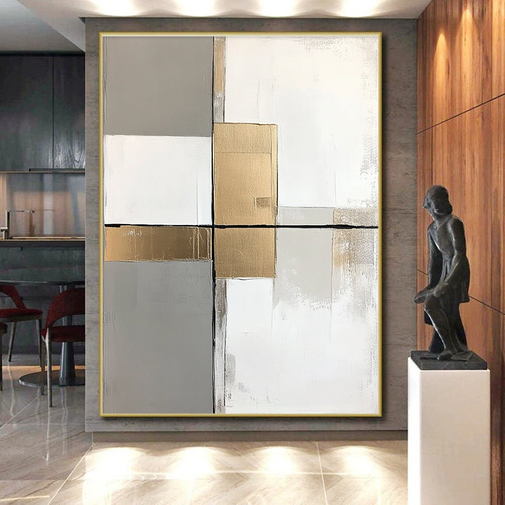 Gray Gold and White Abstract Painting with Minimalist Geometry GER649