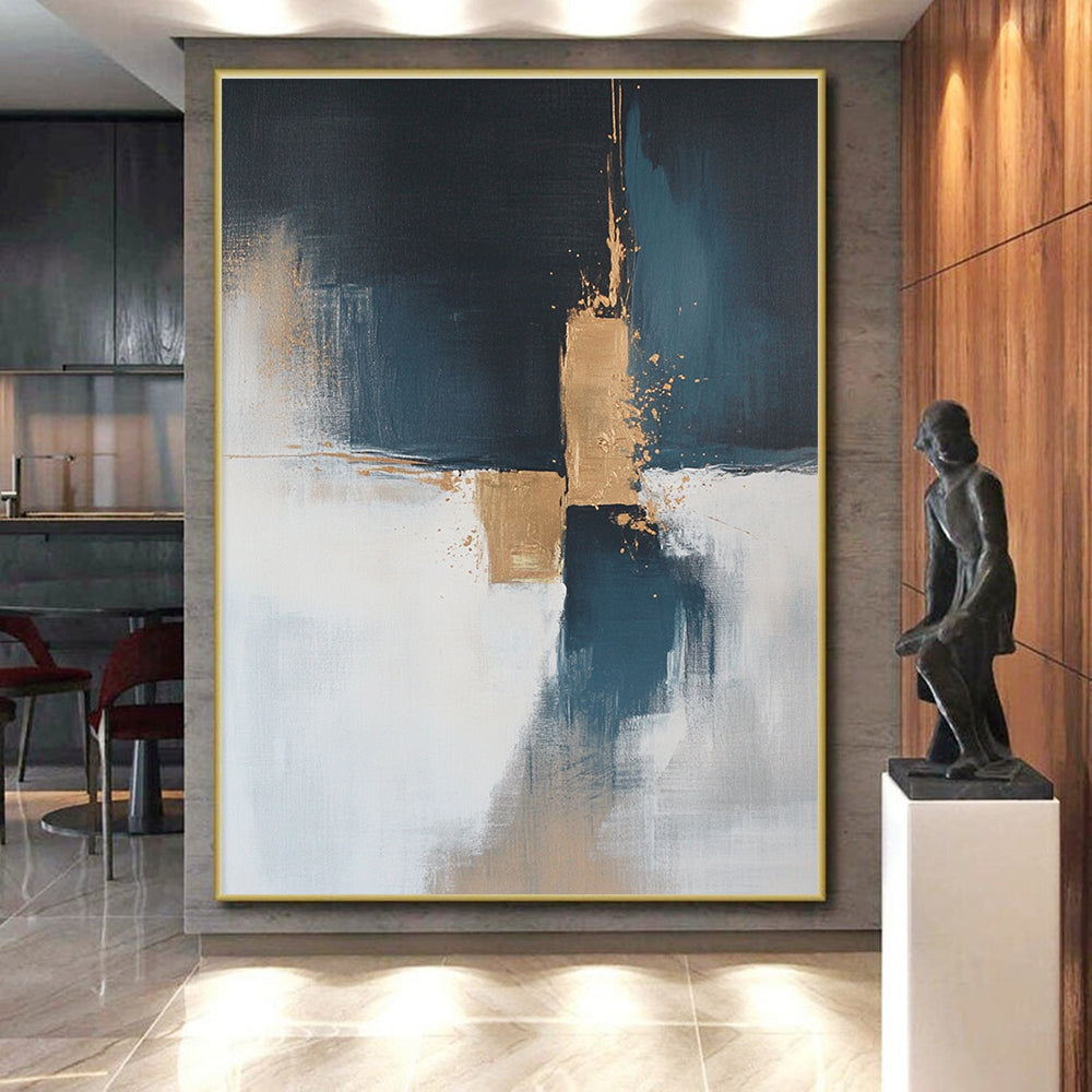 Blue and Gold Abstract Painting with Subtle Splashes GER554