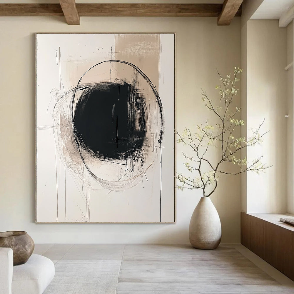 Large abstract painting featuring a central grayish circle minimalist lines and light splashes on off-white paper in the style of Doig and Hockney.STSC771