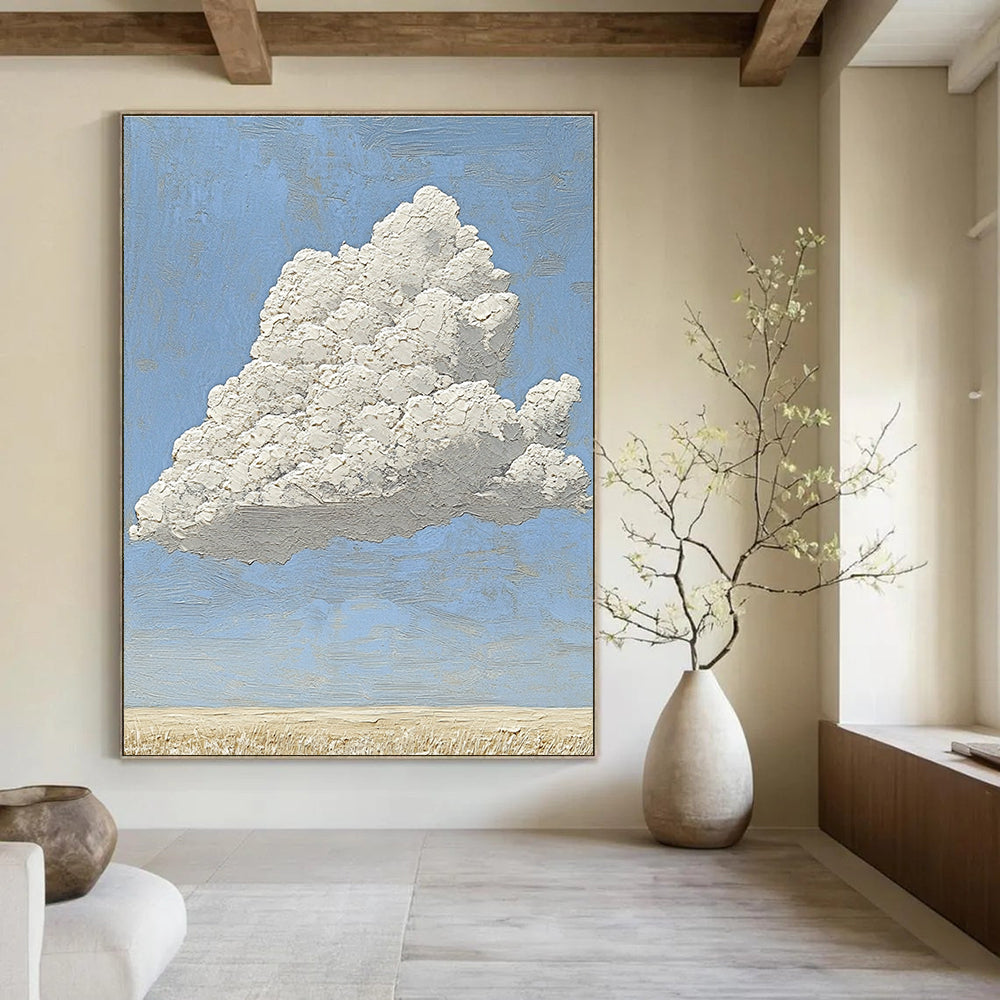 A large abstract painting featuring a textured white cloud above an empty field with soft natural light and professional color grading.STSC1035