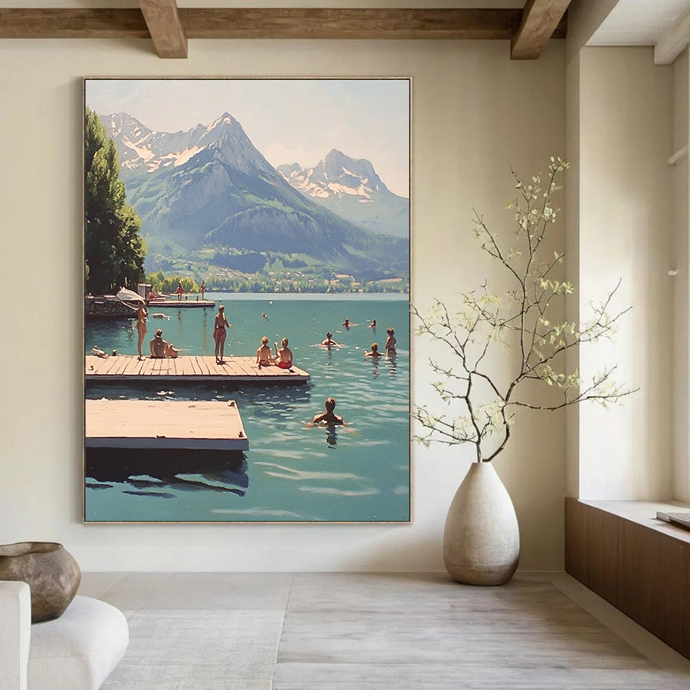 A large abstract painting depicting swimmers at Lake Annecy with majestic mountains creating a tranquil backdrop.STSC878