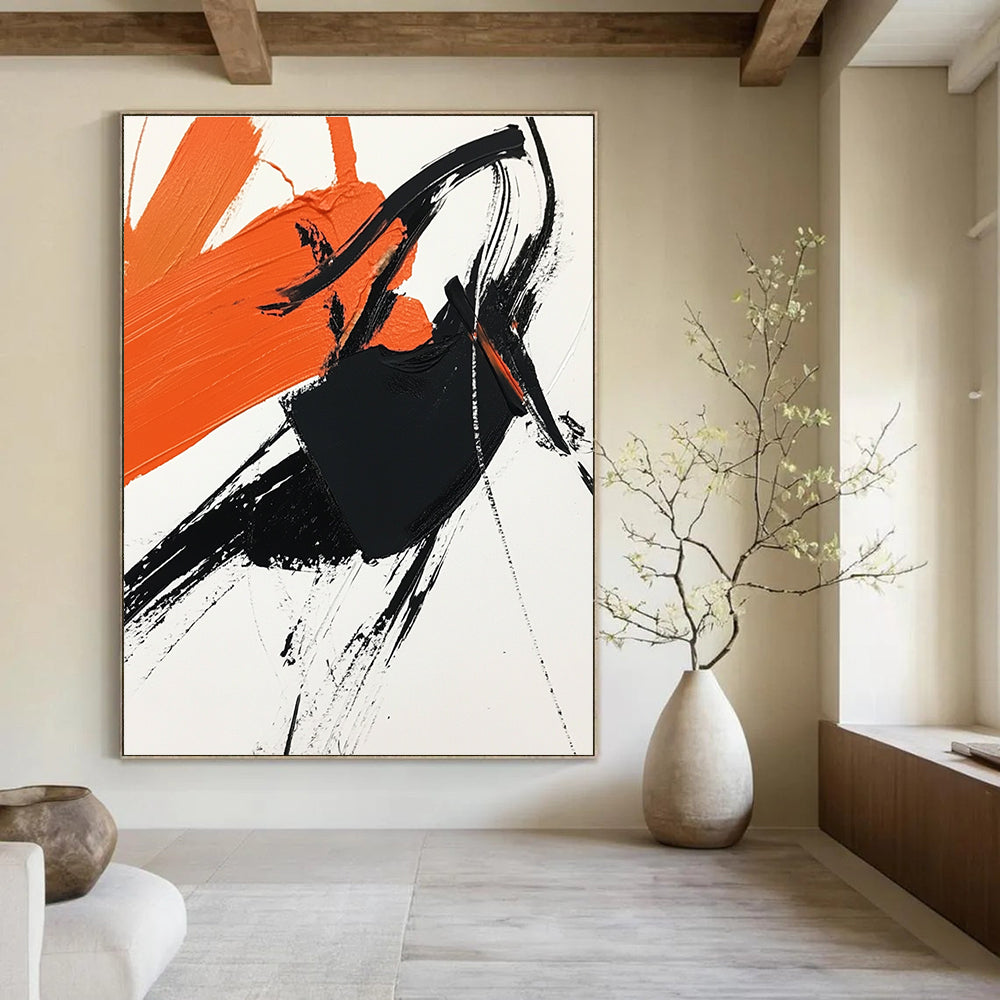 Abstract painting featuring black and orange on white paper with a cheering figure celebrating victory in a simplistic yet vibrant composition.STSC1274