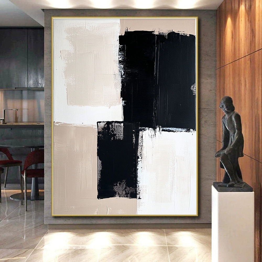 Black Beige and White Abstract Painting with Dynamic Brushstrokes GER503