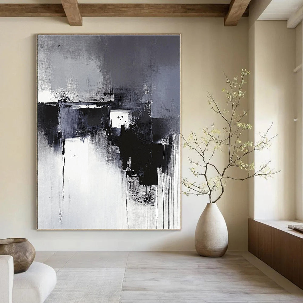 Large abstract painting in black and white with a neutral background inspired by Wu Guanzhong's artistic style.STSC617