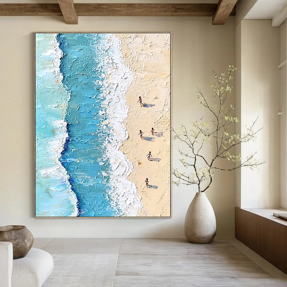 Large Abstract Painting Featuring Soft Pastel Colors Depicting Aerial Beach Scene With People Swimming Ocean Waves And Gentle Sand.STSC854