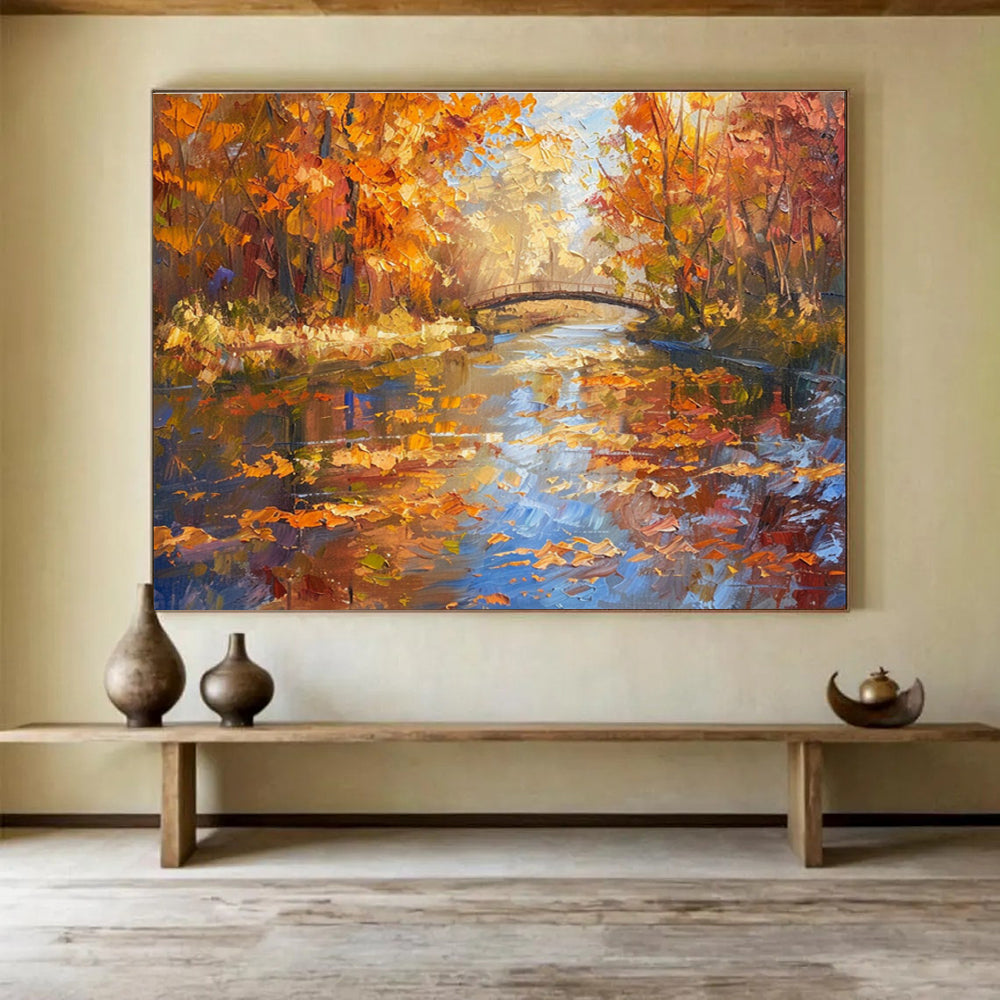 Autumn Forest River Abstract Painting with Orange, Yellow, and Blue Tones THY196