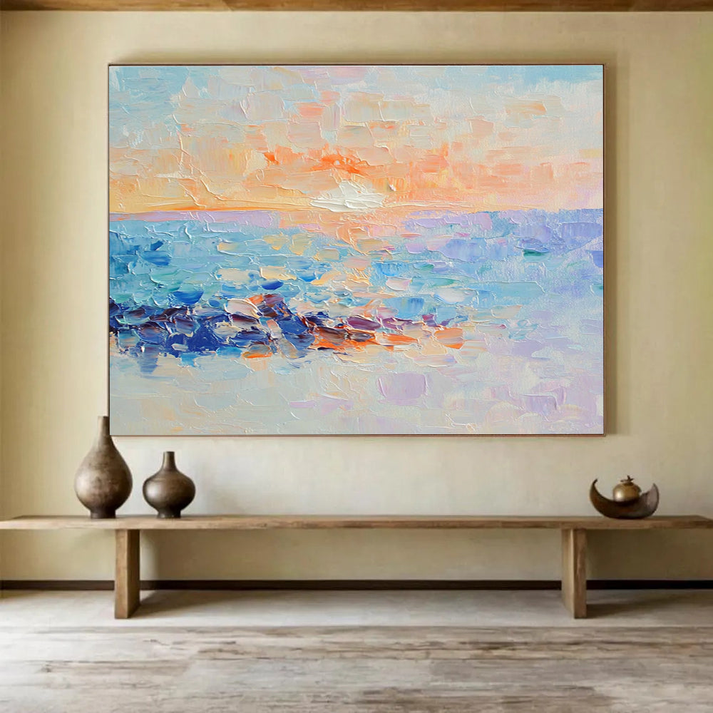 Large abstract oil painting capturing an ocean sunset with pastel colors reflecting light blue and purple hues beneath the water's surface.SC107
