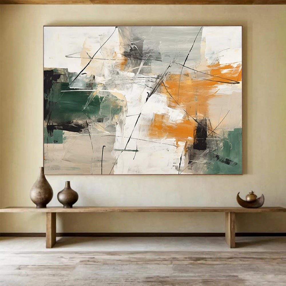 Green Orange and Grey Multi - colored Abstract Painting THY099