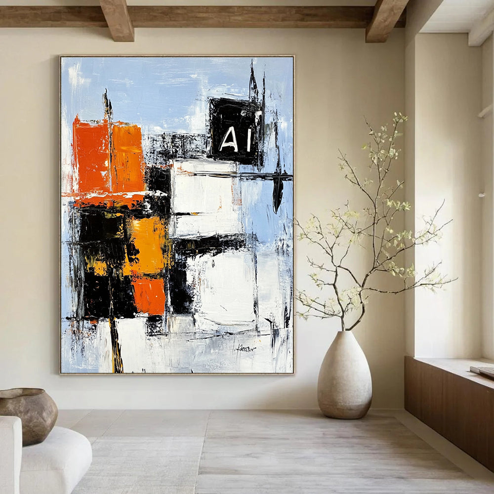 Large abstract painting featuring bold black white and orange building shapes on light blue canvas with dynamic brush strokes and textured layers.STSC742