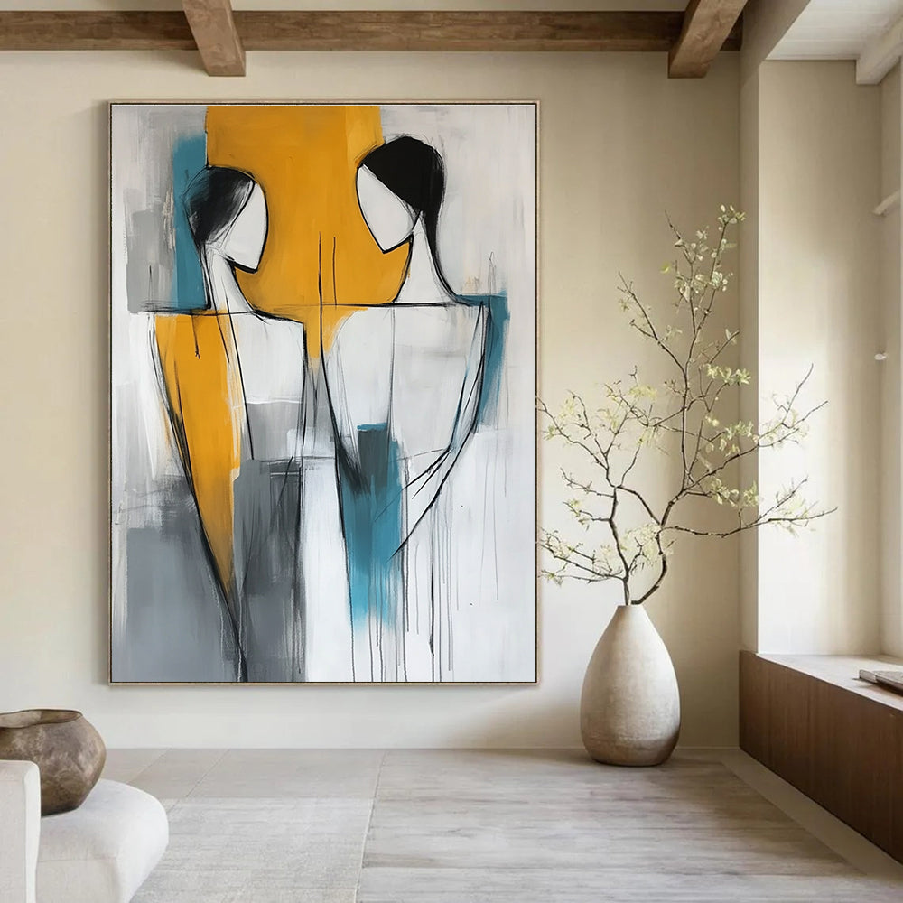 Abstract modern painting featuring two figures in yellow gray and blue colors showcasing contemporary art style.STSC135